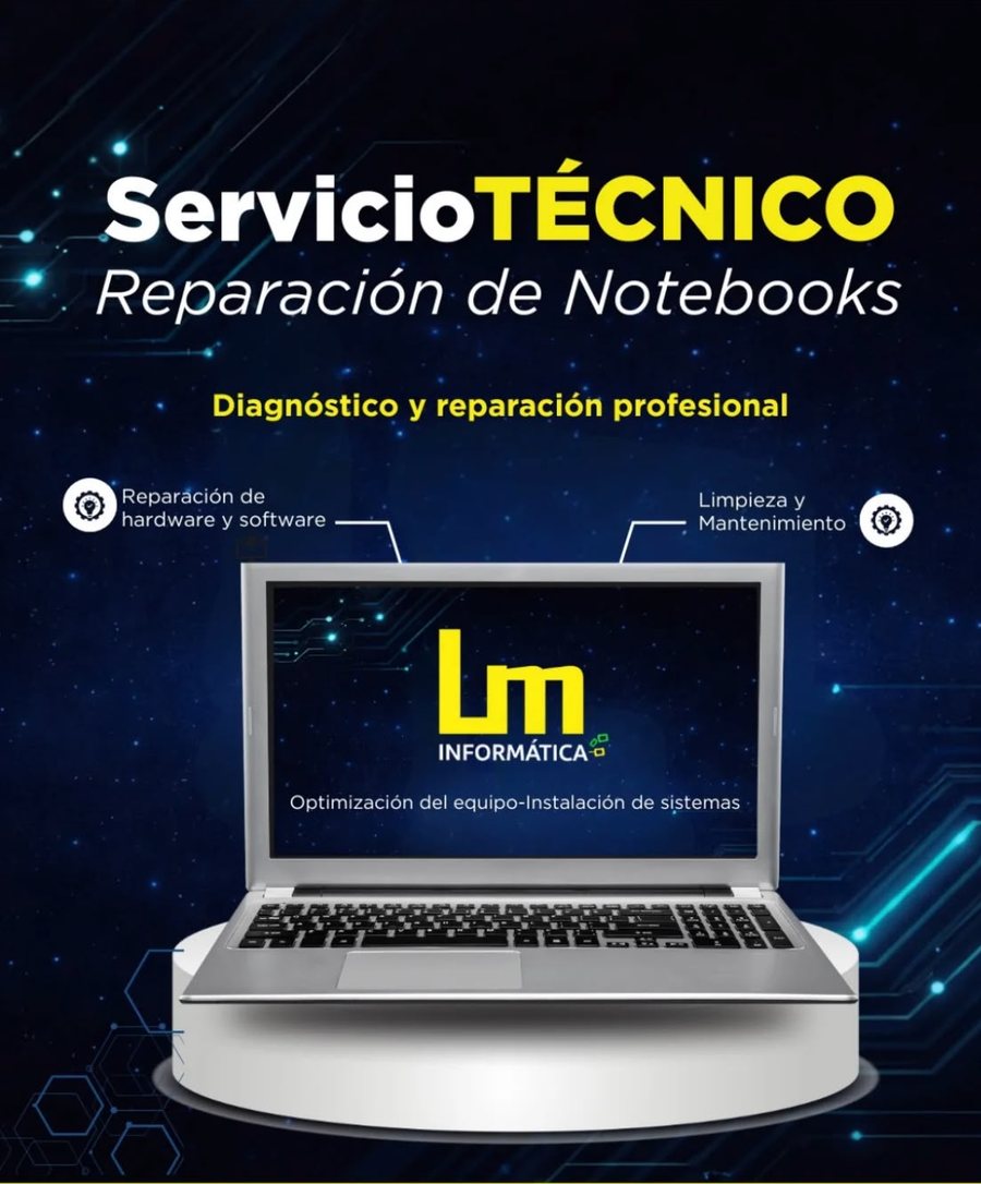 Servicio técnico: reparación de notebooks — diagnóstico y reparación profesional, hardware y software, limpieza y mantenimiento.