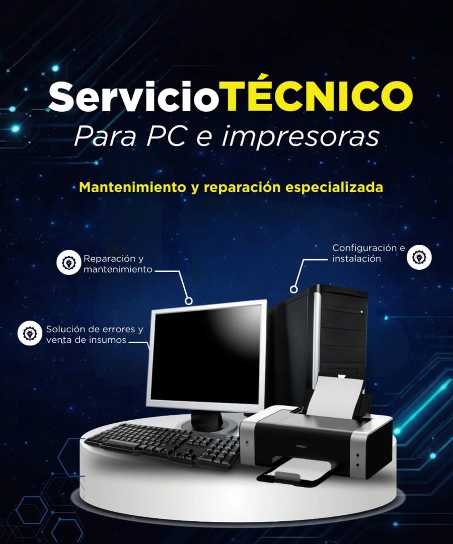 Servicio técnico para PC e impresoras — mantenimiento y reparación especializada, configuración e instalación, venta de insumos.